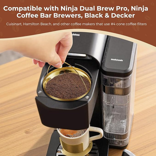 Gold Stainless Steel Coffee Filter - Reusable Ninja Filter, Cuisinart Replacement | Fits Ninja Dual Brew Pro, Cuisinart DCC-3400 & #4 Cone Makers (2-Pack)