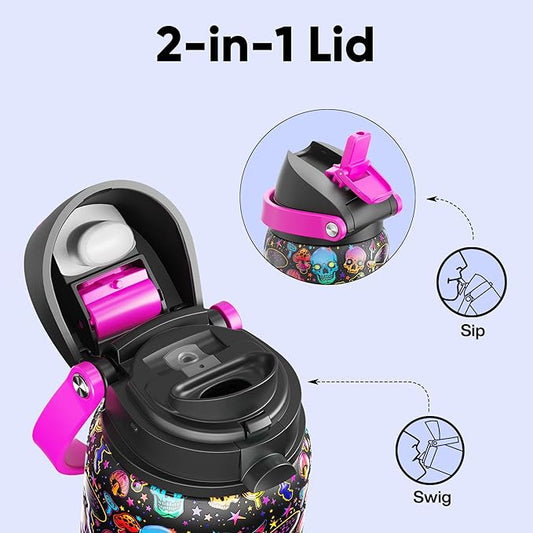Insulated Water Bottle with Straw - Encool Stainless Steel Water Bottle with Push Button Lid, Leak-Proof & BPA-Free, Keeps Cold for 24 Hours for Sports, Travel, Gym (32 oz, Trippy Skulls)
