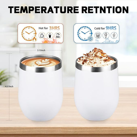 StarSpeed 12oz/12 Pack Wine Tumbler with lid, Stainless Steel Travel Mugs Stemless Double Wall Insulated Coffee Cup, Insulated Wine Glasses Travel Tumbler for Cold & Hot Drinks(White, 12)