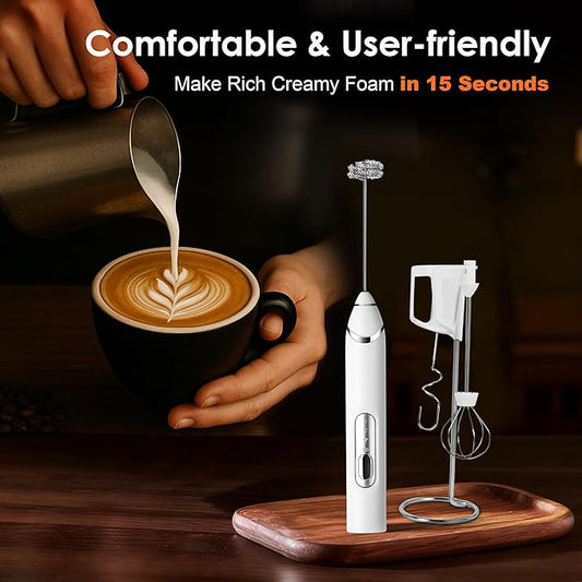 Milk Frother Handheld with Stand,Rechargeable Coffee Frother Wand with 3 Detachable Stainless Steel Whisk Heads, Hand Electric Mixer for Latte,Matcha,Cappuccino,Protein (White)
