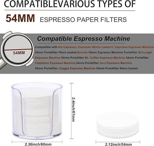 54mm Espresso Paper Filters, 300pcs Disposable Espresso Puck Paper Filters and Filter Storage Holder Compatible with Breville 54mm Portafilters Basket - Keep Shower Screen Clean