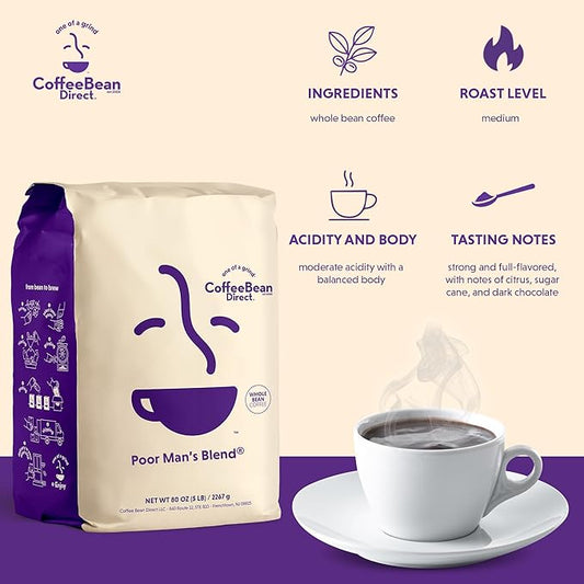 Coffee Bean Direct Poor Man's Blend®, Whole Bean Coffee, Medium Roast, 5 Pound Bag (Pack of 1)