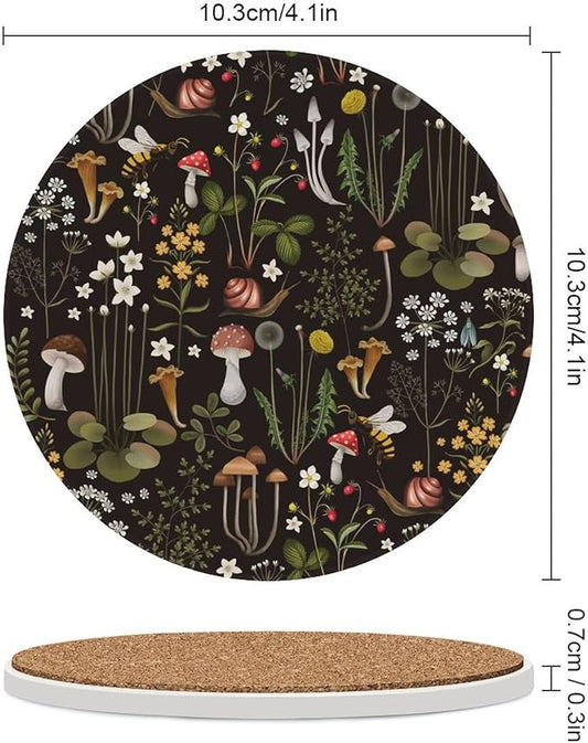 Round-4PCS Botanical Drink Coasters, Round Modern Ceramic Absorbent Coasters, Cartoon Mushroom Floral Plants Pattern Botanical Decor Desk Coffee Table Coaster for Beverage Cup Tea Coasters