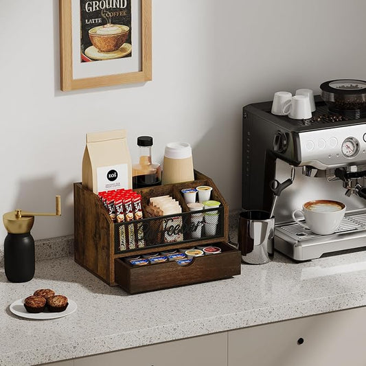 YINMIT Coffee Station Organizer with Drawer for Countertop, Wood Coffee Bar Organizer with Removable Dividers for Pods, Syrup, Cups, Stirrer, Office Bar Accessories (Iron Mesh-Vintage Brown, 2 Tier)