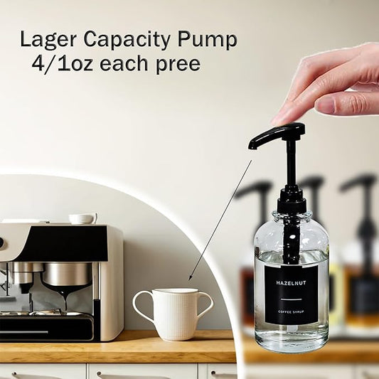 Coffee Syrup Dispenser for Coffee Bar, with 1/4oz Large Capacity Pump, Glass Syrup Pump Dispenser Bottle for Coffee Station, Coffee Bar Organizer, Black,16.9oz