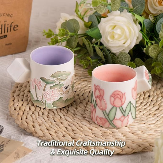 KAMMAK Ceramic Teacups - 155ml/5.2oz Coffee Cup - Set of 2 Hand-Painted Ceramic Cups - Small Vintage Mate Cup - Cute Mugs for Women - Ideal for Birthday, Afternoon Tea & Housewarming Gifts