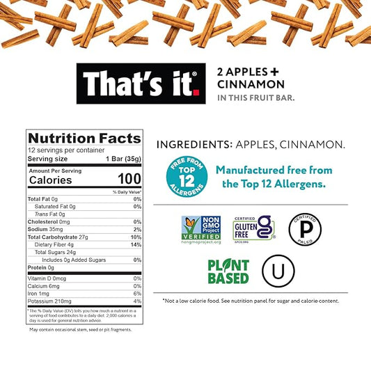 That's it. Apple + Cinnamon 100% Natural Real Fruit Bar, Best High Fiber Vegan, Gluten Free Healthy Snack, Paleo for Children & Adults, Non GMO No Added Sugar, No Preservatives Energy Food (12 Pack)