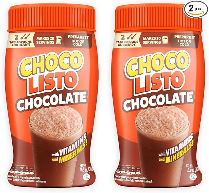 Chocolisto Instant Chocolate Drink, Nutritious Beverage with Vitamins and Minerals, 10.5 oz, Pack of 2.