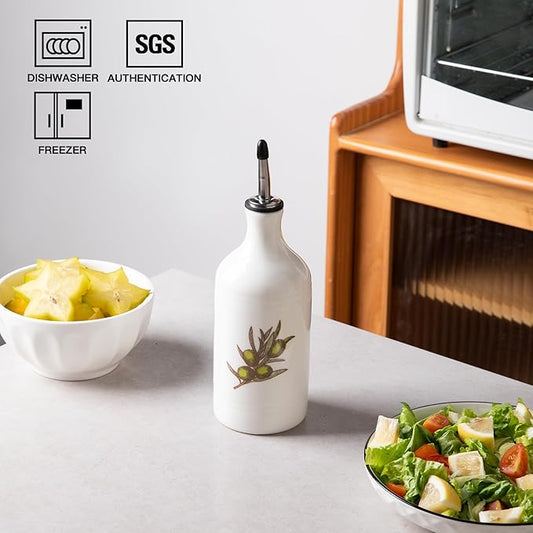 Sweejar Ceramic Olive Oil Dispenser Bottle, Opaque Oil Cruet Protects to Reduce Oxidation, Suitable for Storage Vinegar, Coffee Syrups & Other Liquids, Pack of 1, 15.5 Fl Oz(Olive Leaf White)