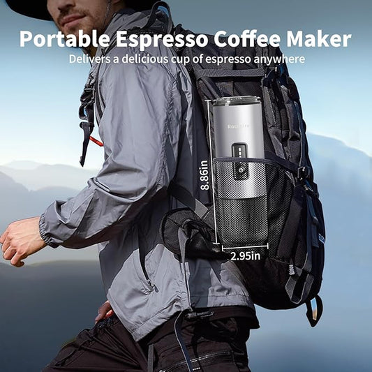 Portable Espresso Maker with Stainless Steel Body | 7500mAh Rechargeable Battery | 20 Bar Self-Heating with USB-C | Works with Most Capsules Compatible for Camping, Travel, Outdoor (Silvery)
