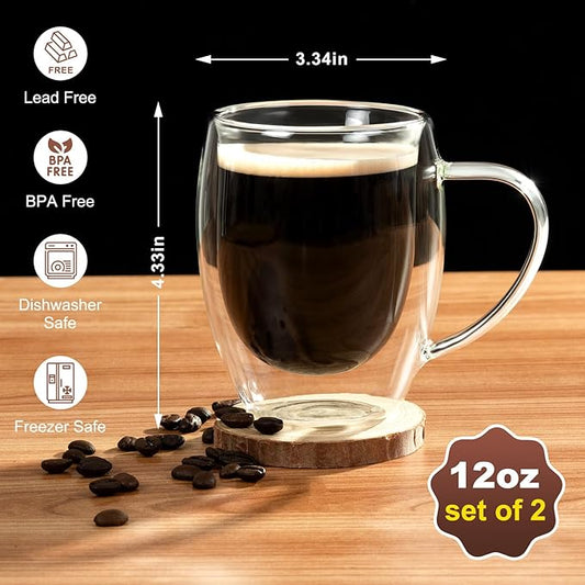 Double walled glass coffee mugs, Glass Coffee Mugs Set Of 2, Glass Coffee Cups with Handles, 12OZ, Suitable for Cappuccino, Latte, Espresso, Hot Drinks, Cold Drinks