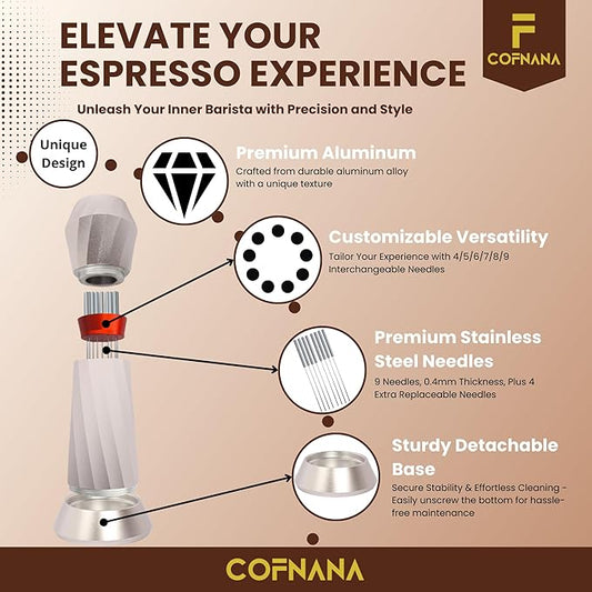 WDT Tool Espresso – Professional Espresso Stirrer Tool – Premium Aluminum Espresso Distributor– Espresso Distribution tool replaceable S.S Needles – coffee stir with prime gift box–SILVER