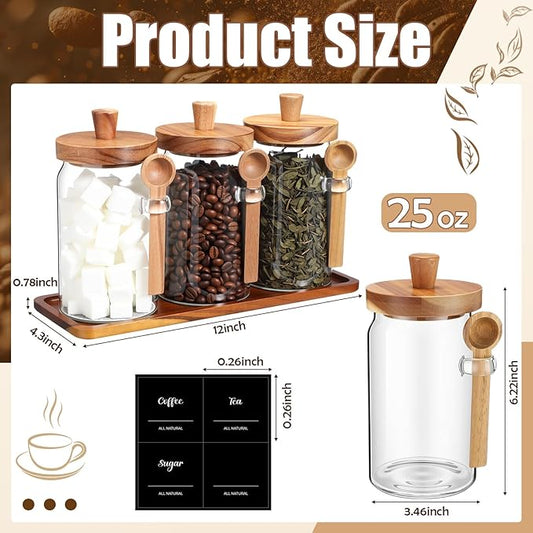 Suclain 3 Pcs Glass Coffee Container with Wooden Lid Spoon Shelf Labels Clear Airtight Jar Food Storage Canister Set for Sugar Spice Coffee Bean Holder Housewarming Gift(25 oz,Acacia Brown)