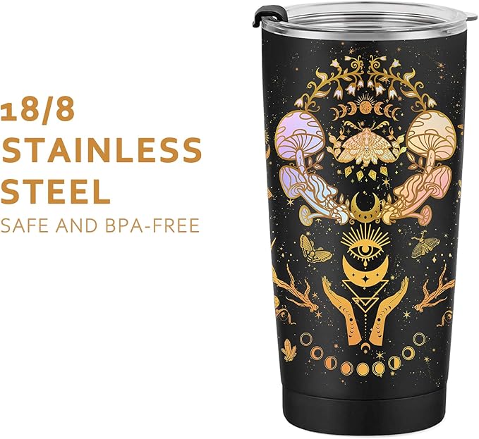 Mushroom Tumbler, Mushroom Gifts for Women, Moth Moon Tumbler,Sun Moon Cup, Witchy Birthday Gifts Constellation Insulated Tumbler With Lid Coffee Mug 20 OZ