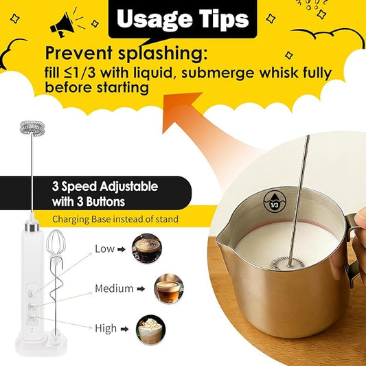 Rechargeable Milk Frother Handheld with 3 Detachable Stainless Whisks, 3 Speed Adjustable Drink Mixer, Mini Frother Wand for Coffee, Matcha, Protein Shakes, with Charging Base and Whisk Storage
