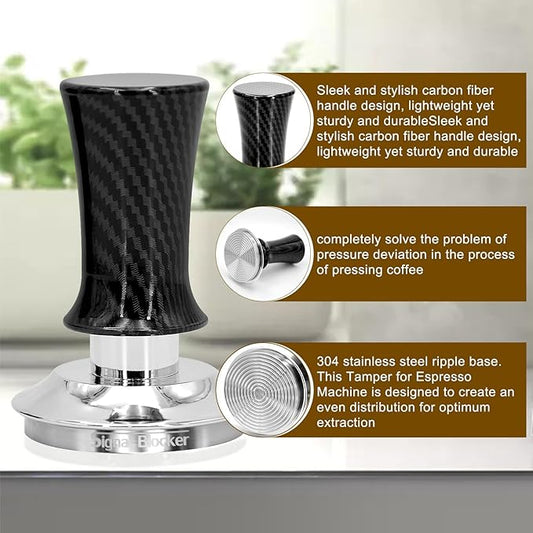 51mm Espresso Coffee Tamper for Espresso Machine: Calibrated Spring Loaded & Stainless Steel Ripple Base - Carbon Fiber Handle with Constant 30lb Fits All 51mm Portafilters | Bundle Including WDT Tool