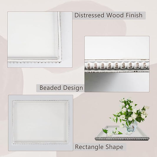 Hodeframe12x16 Rectangular Decorative Tray for Coffee Table: White Wood Butler Serving Tray Candle Holder Trays Vintage Centerpiece Farmhouse Ottoman Tray for Decor Countertop Home Decor Accessories