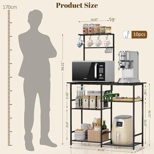 Baker's Rack for Kitchen with Storage, Microwave Stand with Adjustable Shelves, Kitchen Stand with 10 S Hooks, 6-Tier Coffee Bar Station, Storage Shelves for Spices, Pots, Gray