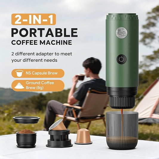 Portable Electric Espresso Machine, Travel Coffee Maker for Camping, Car Coffee Maker Self-Heating with USB-C, 20 Bar Coffee Maker With Ground Coffee & NS Capsule for RV, Hiking, Office(Green)