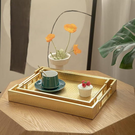 2 Piece Woven Leather Ottoman Tray with Gold Handles, Perfect Rectangular Serving Tray for Living Room, Coffee Table Home Decor Enthusiasts (Golden)