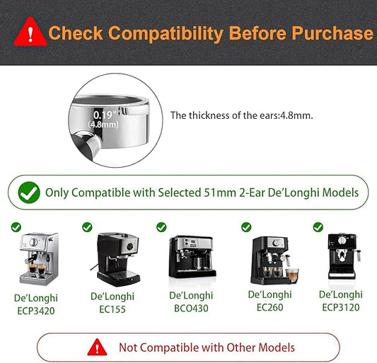 51mm Bottomless Portafilter Compatible for Delonghi ECP3420/ECP3120/EC155/BCO430/EC260 with Stainless Steel Double Shot Capacity Cup Filter Basket, 2 Ears