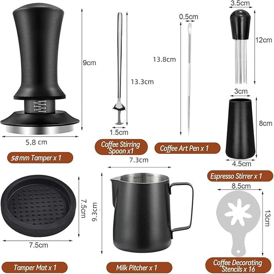 22 PCS Espresso Accessories Kit,58mm Coffee Tamper Set ,Barista Kit, - with Frothing Pitcher,WDT Tool,Stirrer,Tamper Mat ,Coffee Stencils,Latte Art Pen