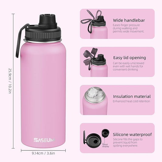 SASEUM Sport Water Bottle 32oz Stainless Steel Double Wall Vacuum Thermal Mug with Leak Proof Spout Lids, Wide Mouth Metal Insulated Water Jug for Gym and Travel(Pink)
