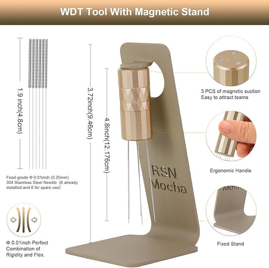 WDT Tool Espresso Distribution Tool, Coffee Distribution Tool with Magnetic Stand, Espresso Accessories with 6 Extra Φ0.25mm Stainless Steel Needles for Barista (Rich Gold, Φ0.25mm)