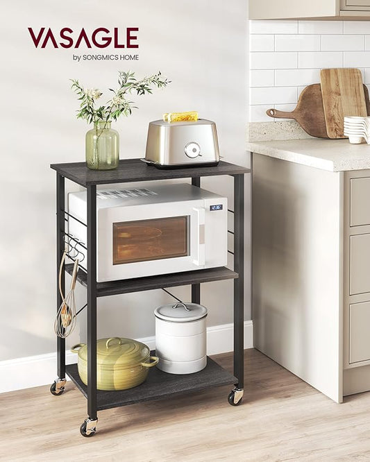 VASAGLE Kitchen Shelf on Wheels, 23.6 Inches Serving Cart with 3 Shelves, Kitchen Cart, Microwave Shelf, for Mini Oven, Toaster, with 6 Hooks, Industrial Style, Ebony Black and Ink Black UKKS060B42