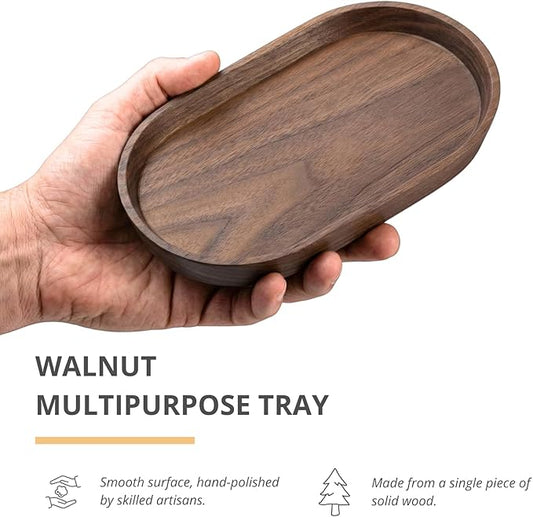 Mini Serving Trays for Parties, Small Decorative Tray for Tea&Coffee, Oval Wooden Plates for Serving Food for Appetizer&Vegetables for Bathroom 7.8"×4.6" (Walnut, Set of 2)