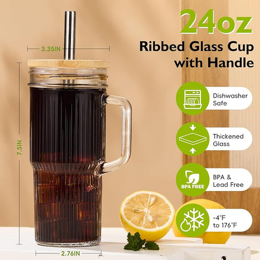 24oz Ribbed Glass Tumbler with Straw and Lid,Glass Cups with Handle,Stainless Steel Straws & Cleaning Brushes – Iced Coffee Cup for Smoothies, Tea, and Gifts, Set of 2