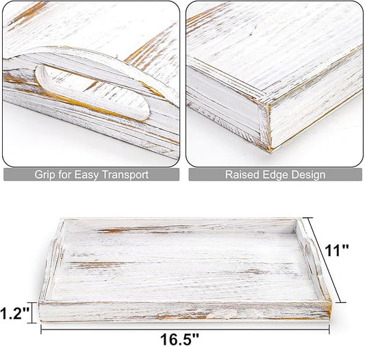 DEAYOU 2 Pack Wood Serving Tray, 16.5" Ottoman Wooden Trays for Coffee Table, Farmhouse Vintage Decorative Tray Platter with Cutout Handle for Eating, Breakfast, Rectangle, 16.5" L x 11" W