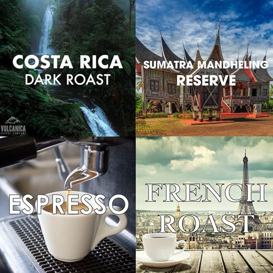 Dark Roast Coffee Gift Box, Whole Bean, Fresh Roasted, 4 X 16-ounces, Costa Rica Reserve, Sumatra Mandheling Reserve, Espresso Dark Roast, French Roast