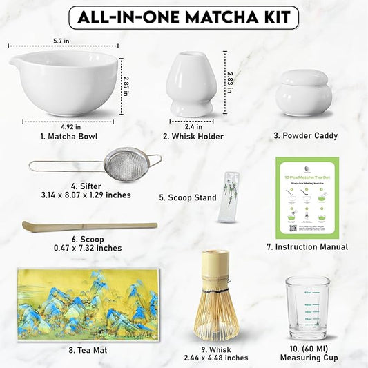10-Piece Matcha Whisk Set | Complete Matcha Tea Kit with 17oz Ceramic Bowl, Bamboo Whisk & Scoop, Whisk Holder, Stainless Steel Sifter, Measuring Cup, Powder Caddy, Tea Towel | Gift-Ready Matcha Set