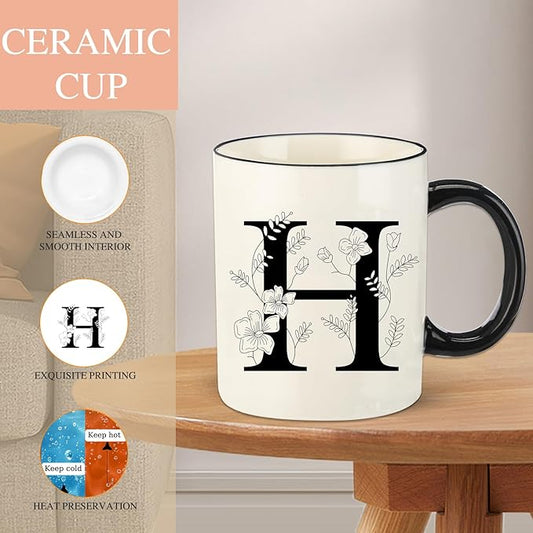 Monogram Ceramic Coffee Mugs, 11 oz Initial Drinking Cup with Gift Box, Unique Birthday Christmas Gifts for Women Wife Mothers Day Grandma Mom Aunt, H