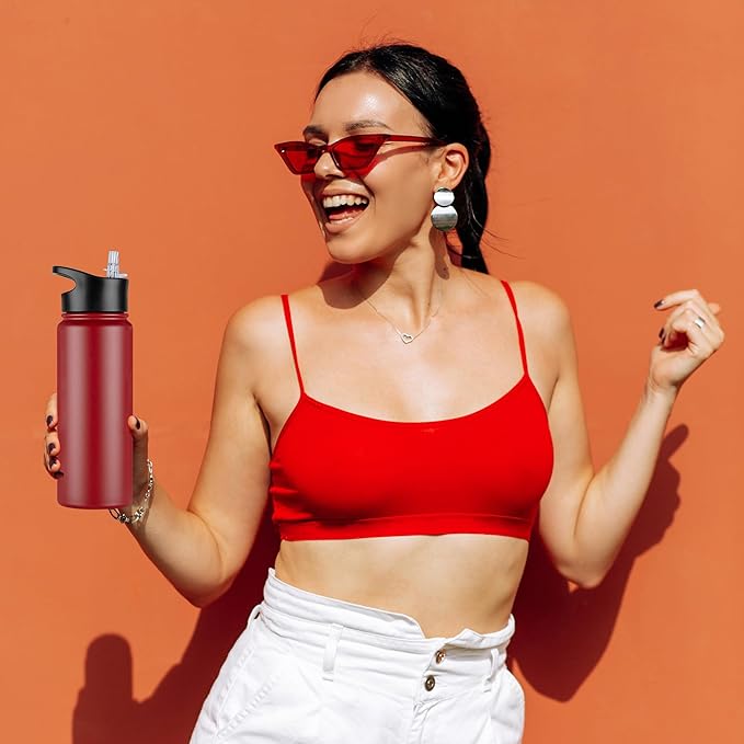 24 oz Insulated Water Bottle Bulk 8 Pack, Stainless Steel Sports Water Bottles with Straw Lid & Wide Mouth Lids, Double Walled Vacuum, Leak Proof, Red