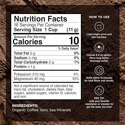 VitaCup Mineral Coffee Pods with Trace Minerals, Hydrate, Replenish & Restore, Sea Minerals, Electrolytes, Organic Coffee, Medium Dark Roast, Single Serve Pod Compatible with Keurig K-Cup Brewers,32Ct