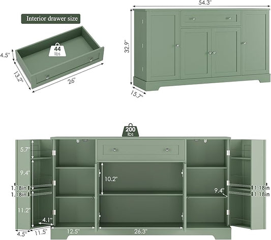 HITHOS 54" Buffet Cabinet with Storage, Modern Kitchen Buffet Sideboard with Drawer, Wood Coffee Bar Station with Adjustable Shelves, Kitchen Storage Cabinet for Living Room, Green