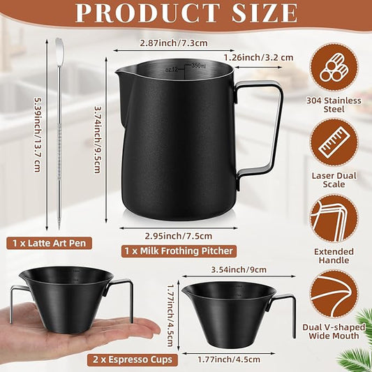 4 Pcs Espresso Accessories Kit with Espresso Cups with Handle, Milk Frothing Pitcher and Latte Art Pen Stainless Steel Cappuccino Machine Accessories for Coffee Bar(Black,100ml, 350ml)