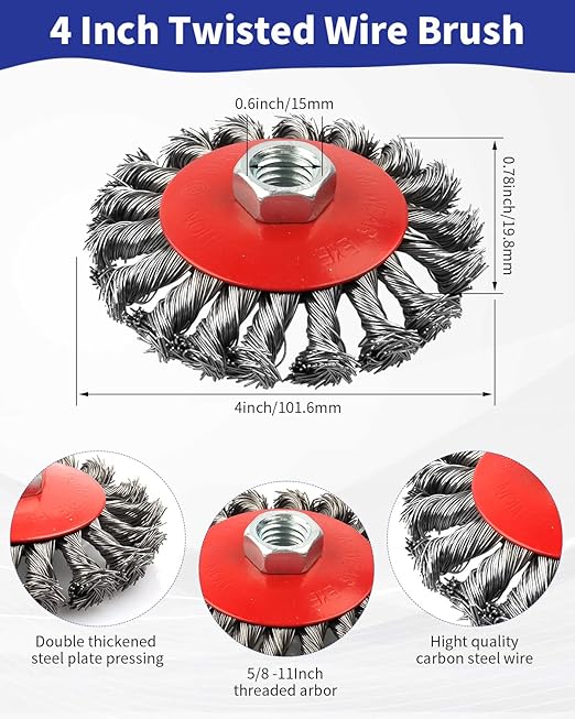 Rocaris 3 Pack Wire Wheel Cup Brush for Angle Grinders,3 & 4 Inch Twisted Knotted & Coarse Crimped Cup Brush,5/8-11 Inch Threaded Arbor for Rust, Corrosion
