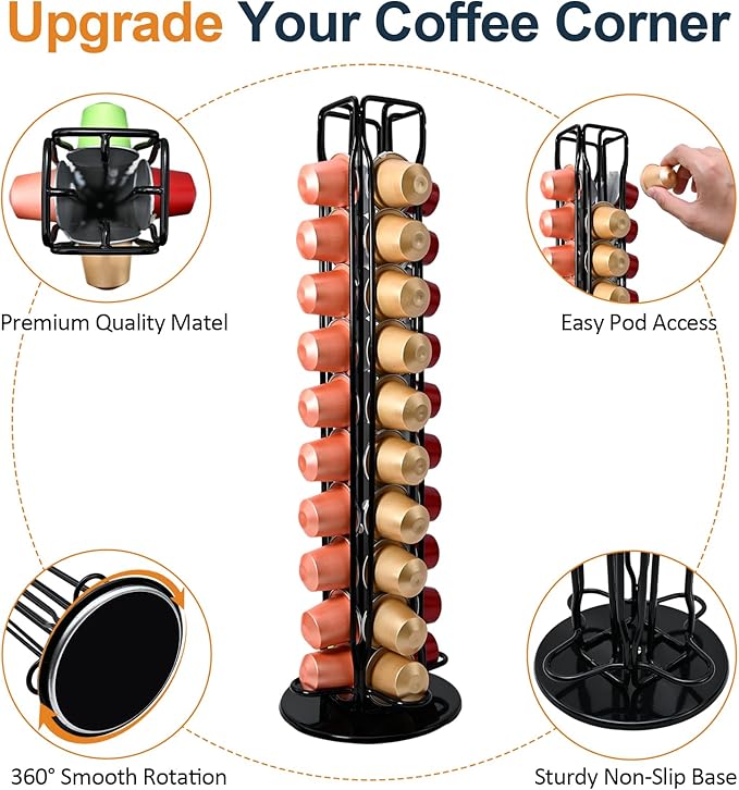 Coffee Pod Holder – 360° Silent Rotating for Nespresso OriginalLine Carousel, Holds 40 Capsules, Space-Saving Espresso Organizer for Kitchen & Office (Black)