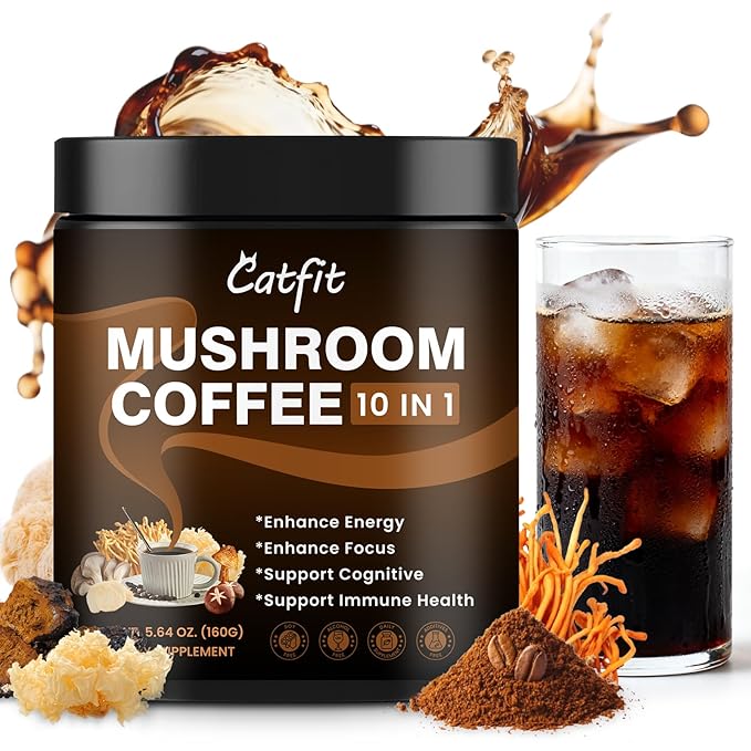 Catfit Instant Mushroom Coffee Powder, 10-in-1 Adaptogen Blend with Lion's Mane, Chaga & Cordyceps for Energy, Focus, Gut Health & Immune Support - 320g, 100 Servings