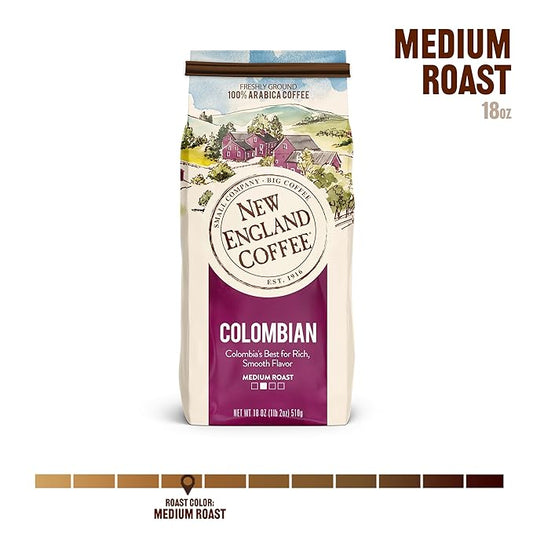 New England Coffee Colombian Medium Roast Ground Coffee, 18oz Bag (Pack of 4)
