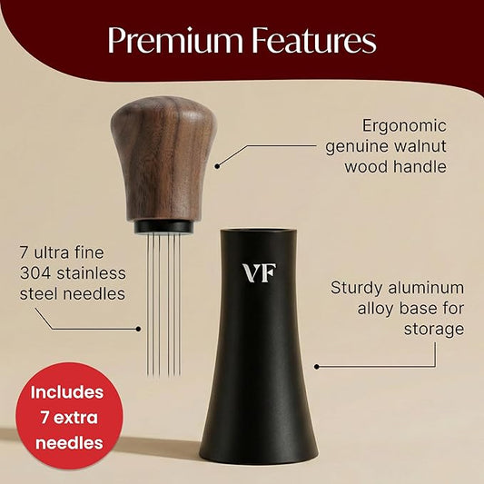 WDT Espresso Distribution Tool – Coffee Distributor with Walnut Wood Handle – With 7 x 0.35mm 304 Stainless Steel Needles + 7 Extra Needles – For Even Espresso Extraction & Crema – Black & Walnut