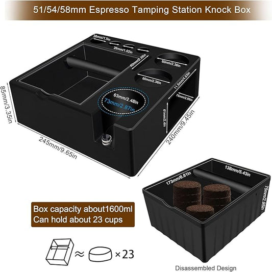 Espresso Tamping Station And Knock Box,ALL in 1 Espresso Organizer Station,Multifunctional Tamper Station Fit for 51/54/ 58mm Espresso Accessories,Removable Knock Box Espresso Station (Black, 51-58mm)