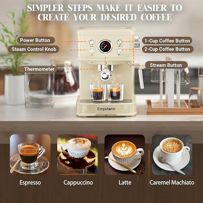 Espresso Machine 20 Bar, 2 in 1 Espresso Maker with Milk Frother Steam Wand for Latte and Cappuccino, Powder and Capsule Portafilter, 50oz Removable Water Tank Coffee Machine for Home-White