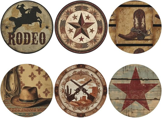 Western Cowboy Coasters for Drinks with Holder Round Leather Coasters Set of 6 Cups Mugs Mat Pad for Home Kitchen Bar