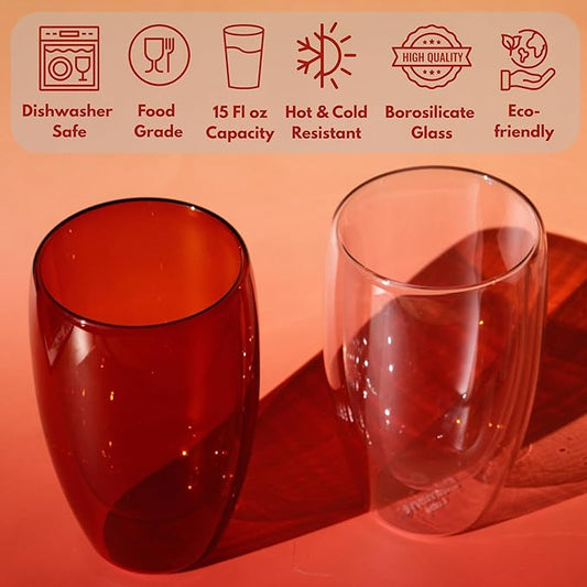 Double Wall Glass Cup 15oz Insulated Coffee Mug for Coffee Tasting Christmas Drinks Home Café Cozy Nights Holiday Gifts Set in Amber Brown/Rose Pink