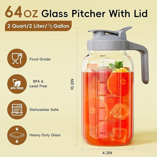 Glass Mason Jar Pitcher, 64 oz Wide Mouth Jug with Pour Spout Handle Lid for Cold Brew Coffee, Ice Beverage, Iced Juice, Lemonade, Sun Tea, Fruit Drinks Container(2PACK)
