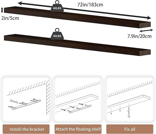 72 inch Long Floating Shelves for Wall,Solid Wood Long Wall Shelves Set of 2,Walnut Wooden Mounted Shelf,Bookshelf Bathroom Shelves (Walnut, 72 Inch)